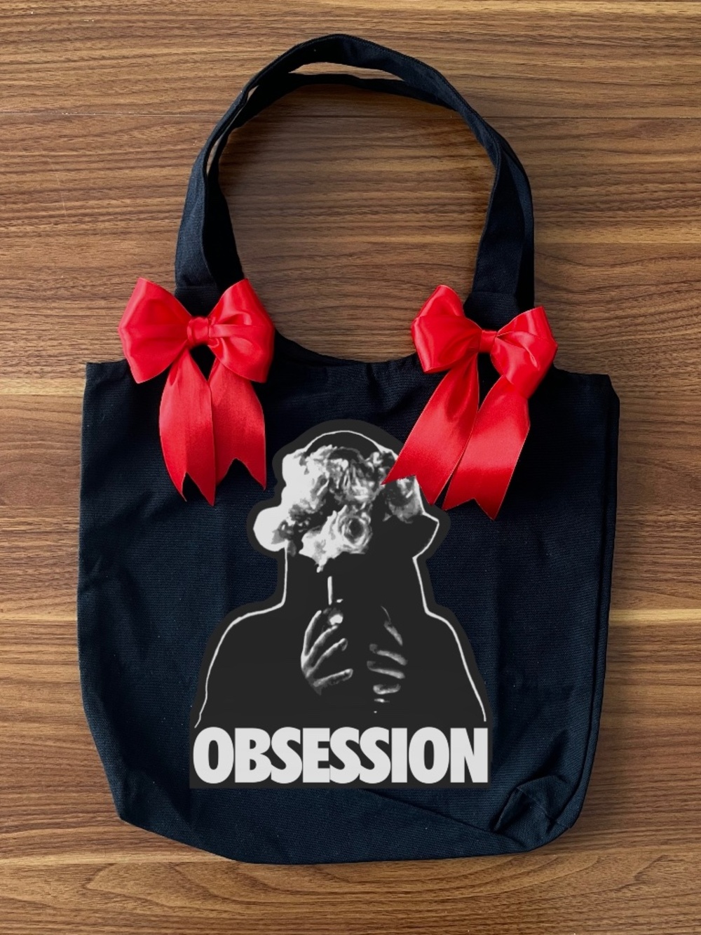 Obsession Gothic Canvas Tote Bag with Red Satin Bows